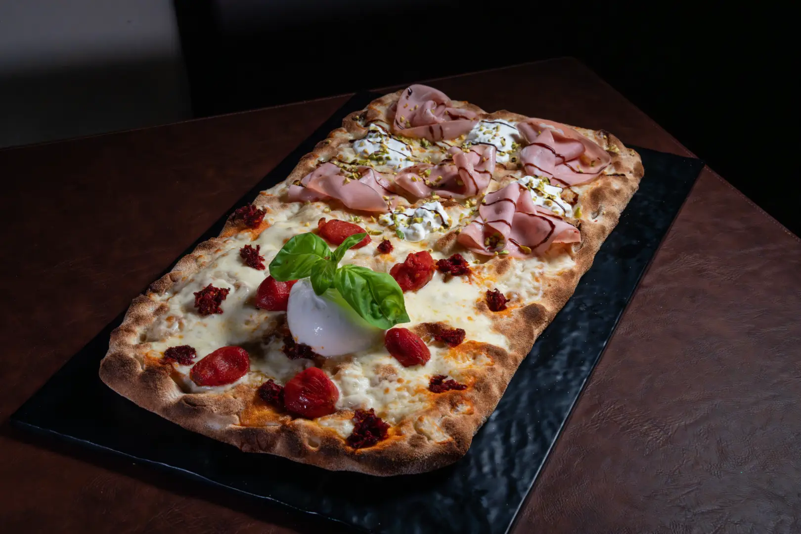 Pizza alla pala with burrata, cherry tomatoes and mortadella